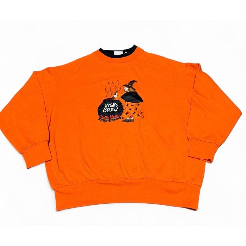 Vintage Basic Editions Halloween Sweatshirt Womens L Witch's Brew Witch Applique